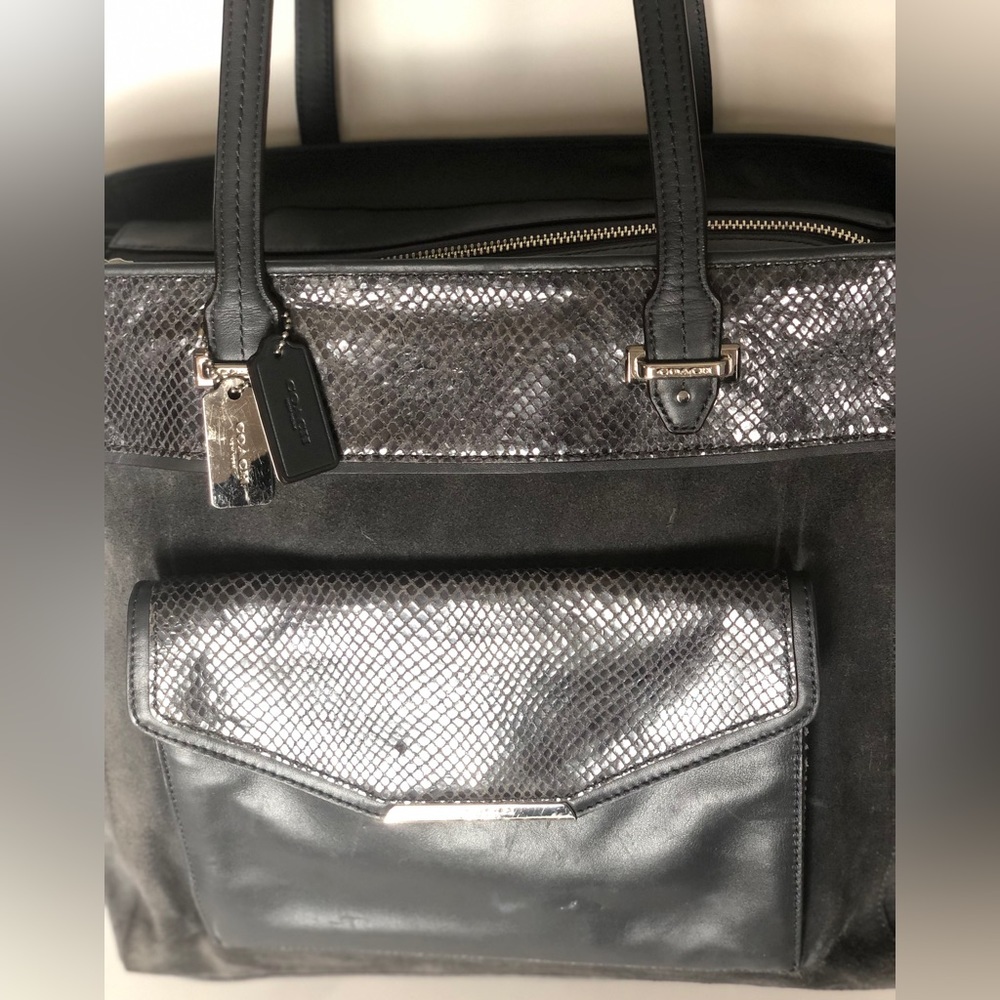 COACH Grey Large Carryall Suede Leather Tote Large Expandable Zipper Snakeskin - Picture 7 of 15